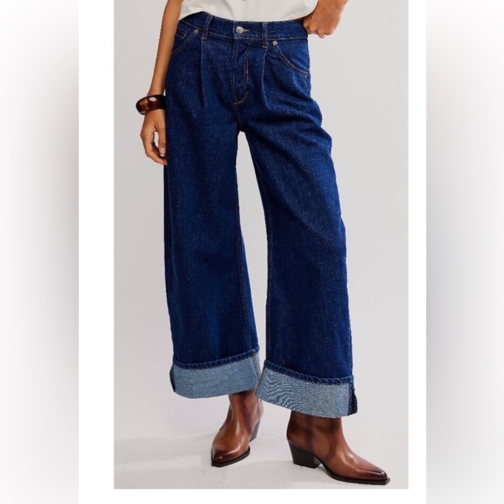 We The Free Wide-Leg Cuffed Jeans in Dark Blue